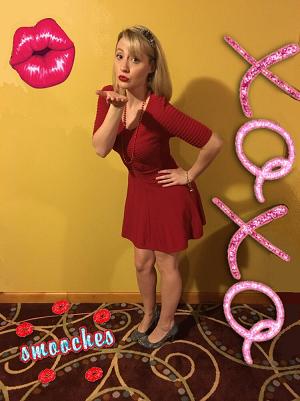 Chelsey- professional musical theater actress and trained singer performs romantic Singing Telegram as the Lady in Red, sings an original song set to original music, printed copy of the song and telegram greeting with souvenirs