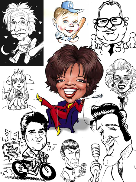 Caricatures- professional illustrators cartoonists sketch quick cartoon likeness of your party guests, for all ages, NJ Caricature Artist, brings and easel, full bodies with background of choice or quick head & shoulders, black & white or full color, any occasion, party souvenir caricature drawings      (click on drawings for Caricature samples)