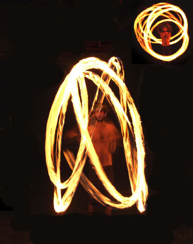 Hire professional Fire Poi Spinner, Flame Spinner in NJ, spectacular fire spinning patterns choreographed to music, for hawaiian luau parties, corporate events, organizations, festivals, stage shows, Fire Poi Dancer, NJ Fire Dancer, Fire Spinner New Jersey, colored Meteor Light Globe Spinner       (click on photo for Fire Jugglers & Variety Entertainers)