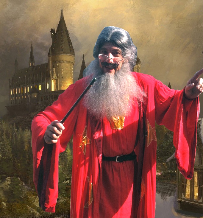 Professor Drusilicus Kettlebum- Harry Potter themed party wizard magician show, comedy magic show, juggles battle axes fire and swords, performs spellbinding sleight of hand close up magic for all ages, fantasy storyteller, stage show or strolling character for corporate event