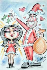 Caricature Artist for christmas holiday party, holiday caricatures, Christmas Caricaturist, quick professional cartoon caricature likeness of your party guests, lots of fun, choice of backgrounds, professional illustrator with easel  (click on this cartoon to see more caricature samples)